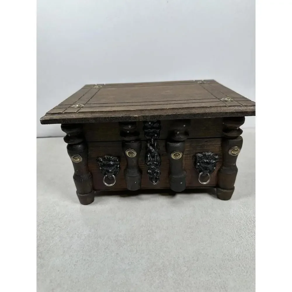 Vintage Wooden Jewelry Box With Lion Pulls Rustic Red Lined 10x7.75